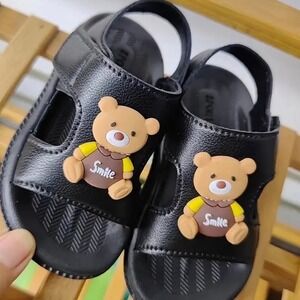 NIB Kids Black Teddy Bear Smile Sandals Hook Loop Closure Sz 7 Toddler